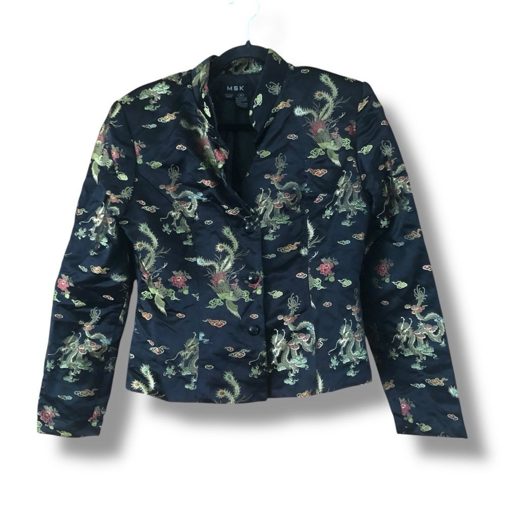Vintage MSK Black Silk Blend Embroidered Chinese Dragon Jacket Size Medium FLAW